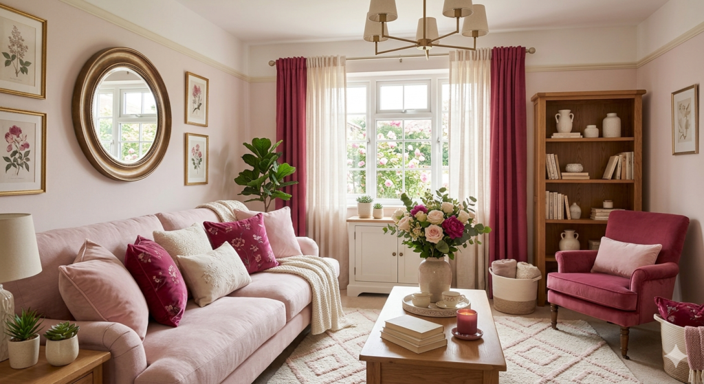 pink and off white living room
